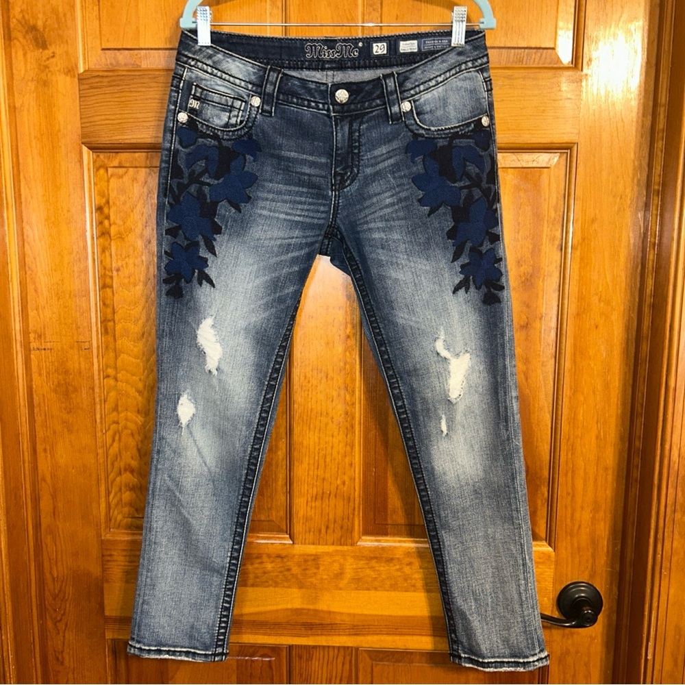 Miss Me Ankle Skinny Distress Floral Embroidery Jeans Sz 29-EUC